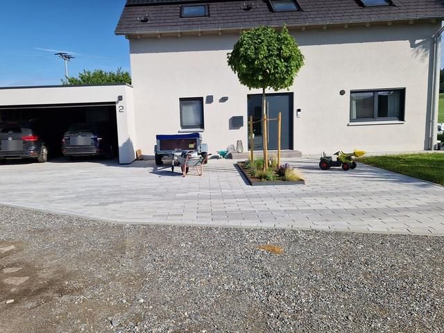 Einfahrt und Vorgarten mit Kugelbaum
