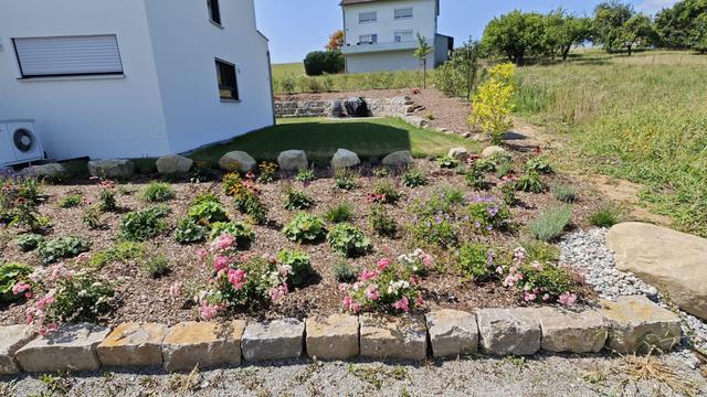 Blühendes Staudenbeet mit Natursteineinfassung