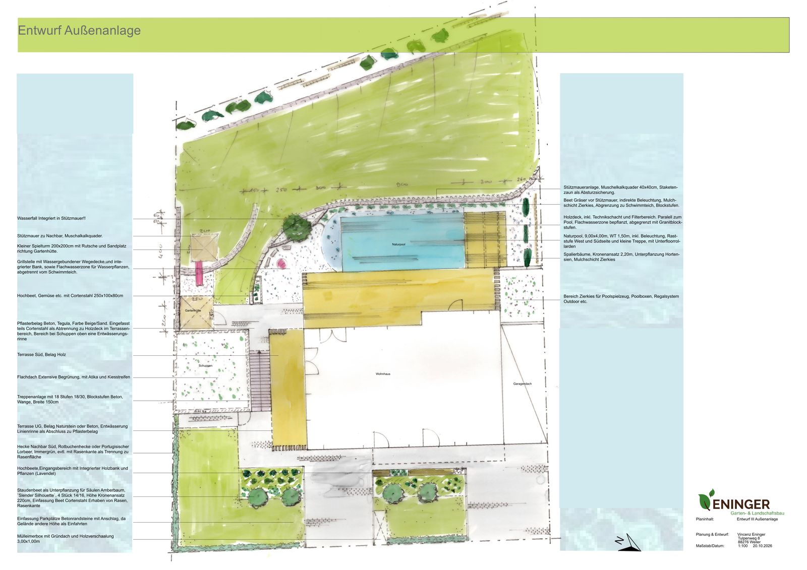 Kolorierter Plan einer Außenanlage mit Naturpool, Holzdeck, Stützmauern, Beeten und Beschriftungen